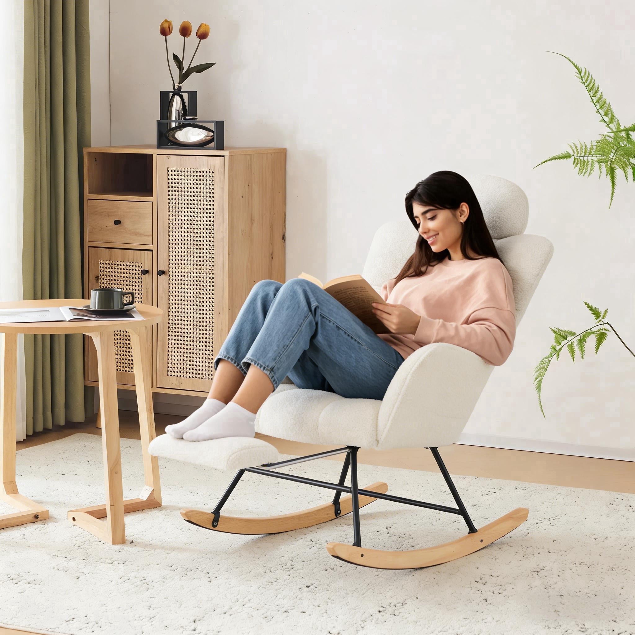 QuzyAor Teddy Fabric Nursery Glider Rocking Chair,Soft Upholstered Chair with Optional Footrest & Headrest for Baby Nursery Living Room,Ivory