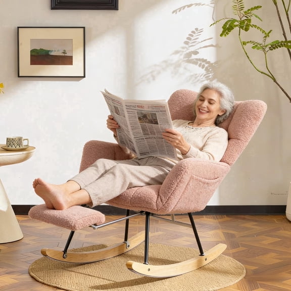 QuzyAor Teddy Fabric Nursery Glider Rocking Chair,Soft Upholstered Chair with Optional Footrest & Headrest for Baby Nursery Living Room,Pink