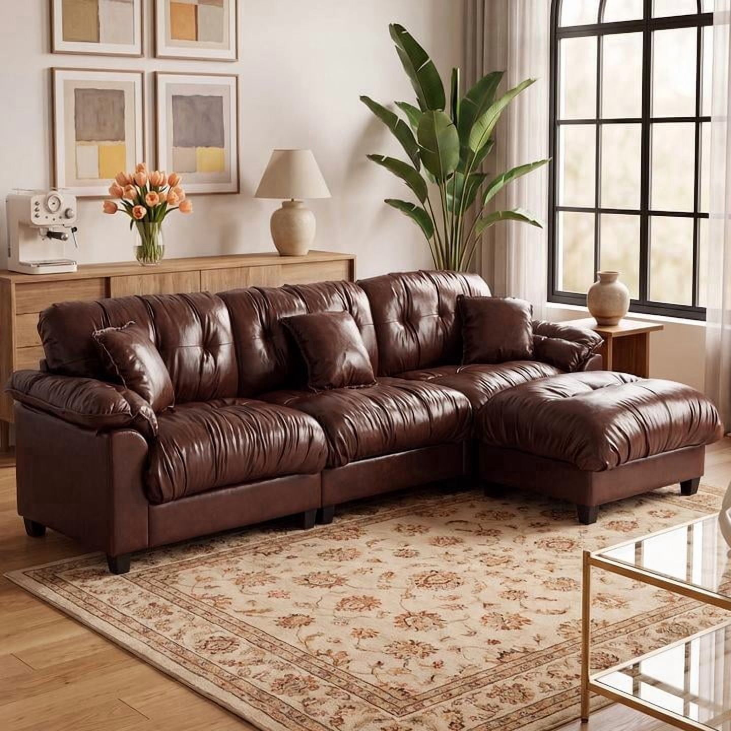 QuzyAor 99.4"L Shaped PU Leather Sectional Couch with Tufted Fold Detail, Modular Convertible Sofa for Living Room Apartment,Brown