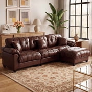 QuzyAor 99.4"L Shaped PU Leather Sectional Couch with Tufted Fold Detail, Modular Convertible Sofa for Living Room Apartment,Brown