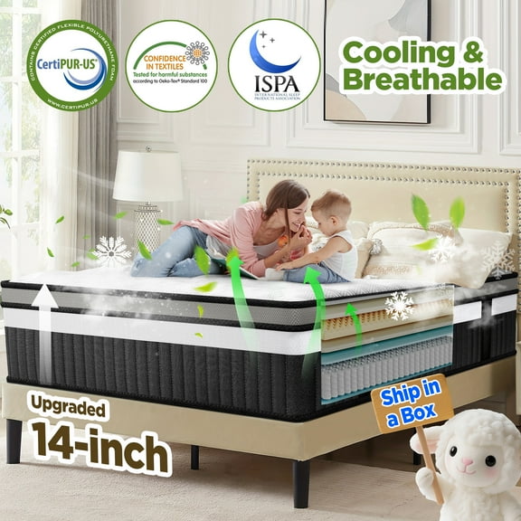 Qvamodo 14 Inch Hybrid King Mattress- Medium Firm King Size Bed in a Box - CertiPUR-US Certified Memory Foam, King Size mattress for Pressure Relief, Cooling Sleep, and Motion Isolation