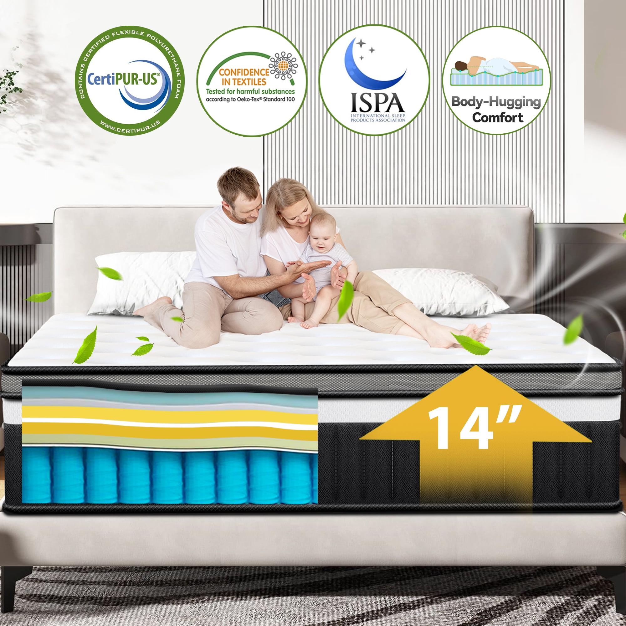 Qvamodo 14" King Size Mattress, Memory Foam Mattress, Hybrid Gel-Infused Cooling Mattress CertiPUR-US Certified, Medium-Firm Bed in a Box for Pressure Relief & Motion Isolation