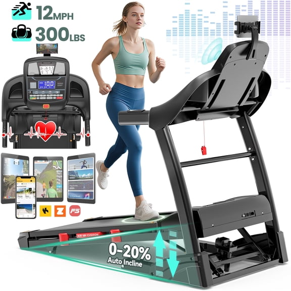 4.5HP Folding Incline Treadmill for Home Use with 64+3+1 Preset Programs, APP Control, 12MPH, Blutooth Speakers
