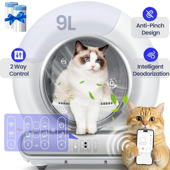Qvamodo Automatic Cat Litter Box, Self-Cleaning Cat Litter Box with Sensor Protection, 65+9L Capacity, Odor Removal, 2 Trash Bags