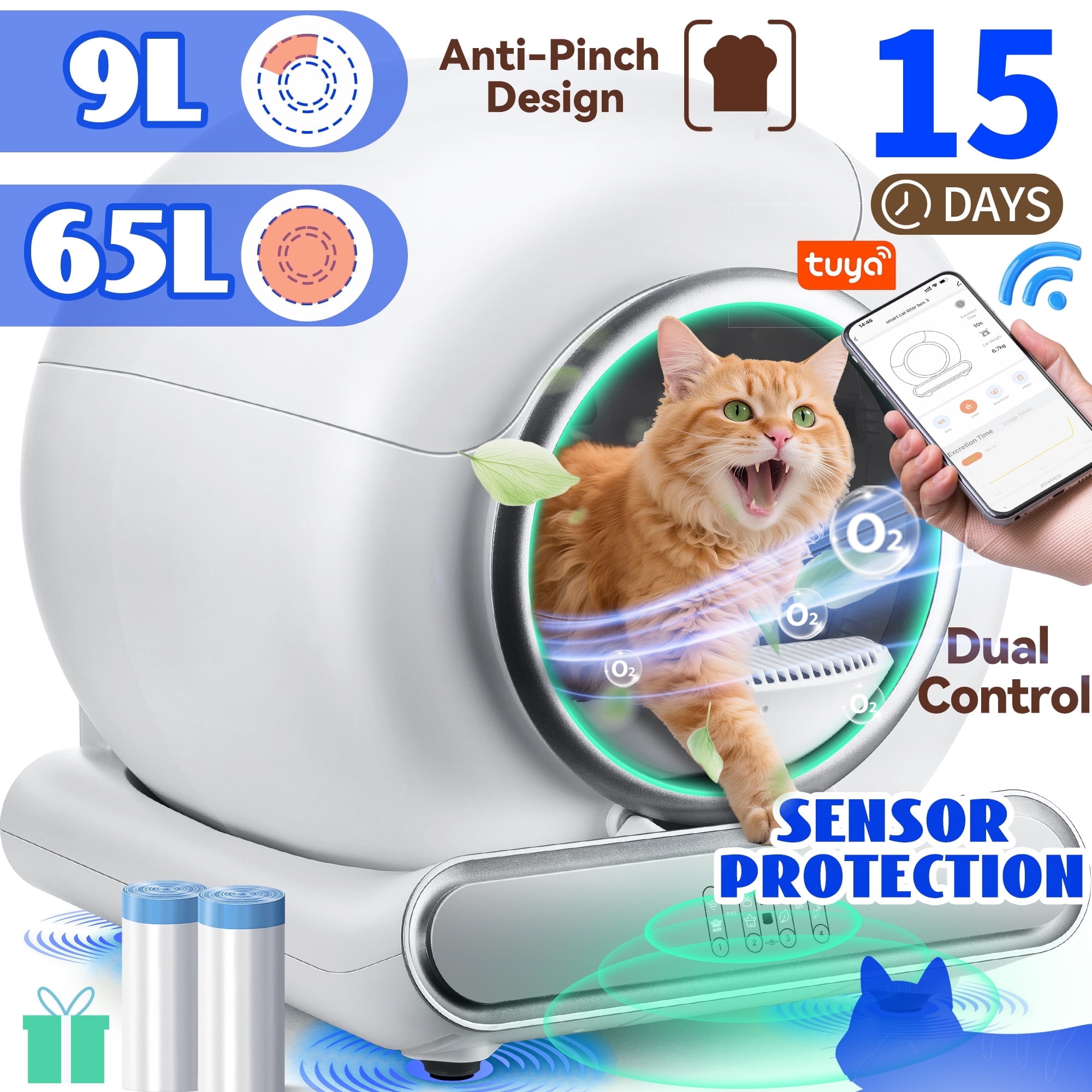Automatic Self Cleaning Cat Litter Box – Large 74L Smart Cat Litter Box with APP Control & Safety Sensors, for Multiple Cats, Includes 2 Rolls Liner – Qvamodo