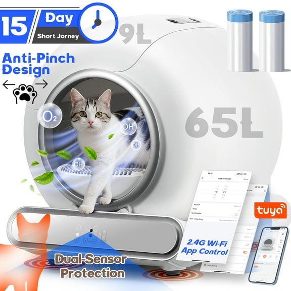 Qvamodo Self-Cleaning Cat Litter Box, Automatic Cat Litter Box with APP Control, 65+9L Capacity, Sensor Protection, Odor Removal, Includes Trash Bags