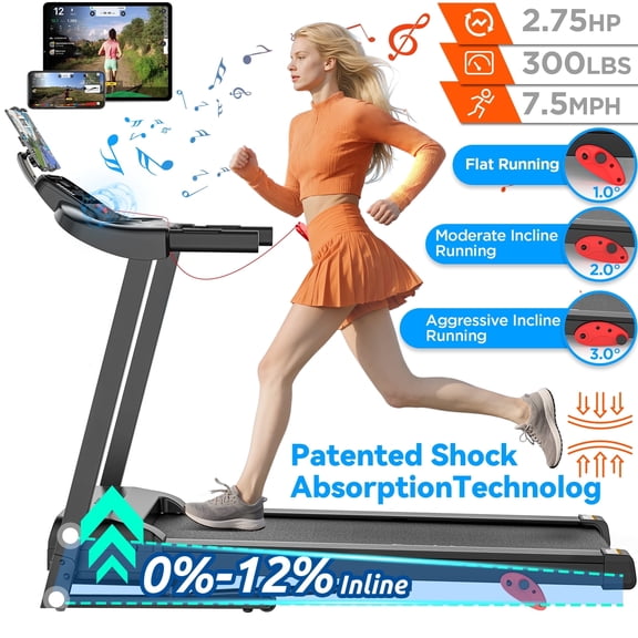 Qvamodo Smart PortableTreadmill w/ Incline for Home, 2.75HP Brushless Motor, 300 lbs Capacity, 3-Level Incline, 7.5MPH, Bluetooth App Control, 64 Programs, Ultra-Quiet for Home & Office