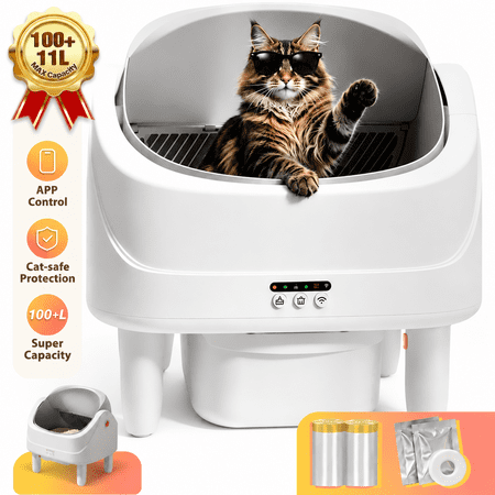 Smart Self Cleaning Cat Litter Box, Automatic Litter Boxes with WiFi App Control, Open Top Litter Box, Health Monitoring System, Odor Removal, 360° Extra Large Capacity, Contain 2 Liner Rolls