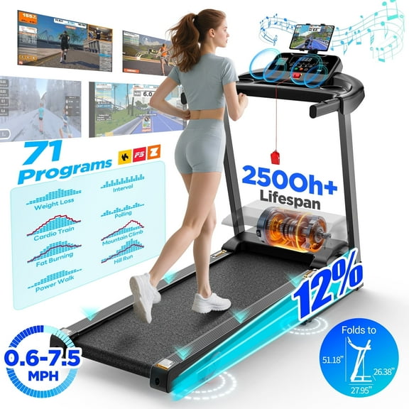 Folding Treadmill for Home, 3.1HP Treadmill with 12% Incline, Treadmill 350lbs Capacity, Running Machine Fitness, 0.6-7.5MPH, APP Control, 71Programs, Shock Absorption