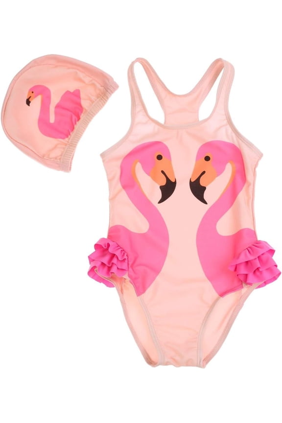Baby Little Girls Flamingo Bikini Swimsuit Cute One Piece Swimwear Sunsuit with Swim Hat