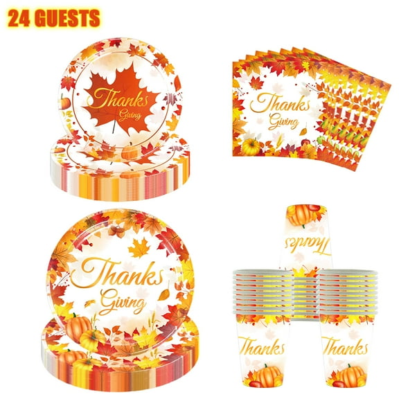 Qwaerplpn Autumn Thanksgiving Dinnerware Set for 24 Guests, Pumpkin Maple Leaves Design, Count of 96