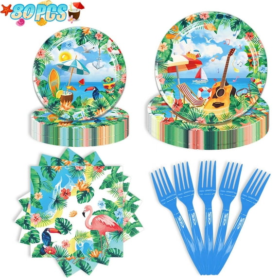Qwaerplpn Hawaiian Party Tableware Set, Tropical Design, Disposable, 80 Pcs, Forks for 20 Guests