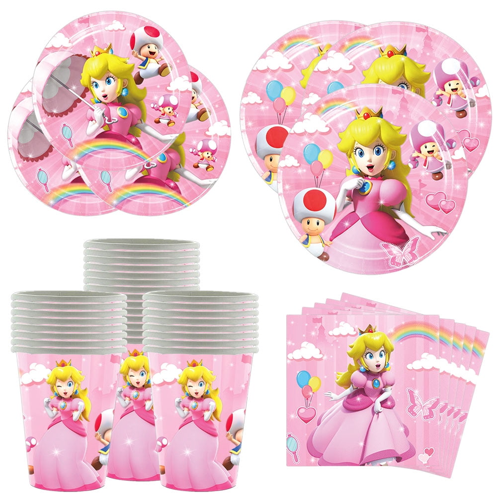 Qwaerplpn Princess Peach Party Supply Set, Disposable, Pink, for 20 Guests, Includes 80 Pieces