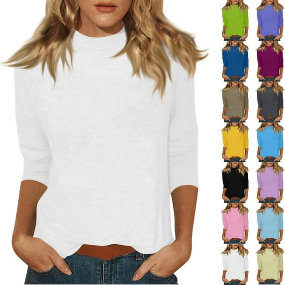 Qwertyu 3/4 Length Sleeve Womens Tops Plus Size Mock Neck Shirts Loose Fit Casual Work Tee Blouses Solid Basic Tops Black 3XL