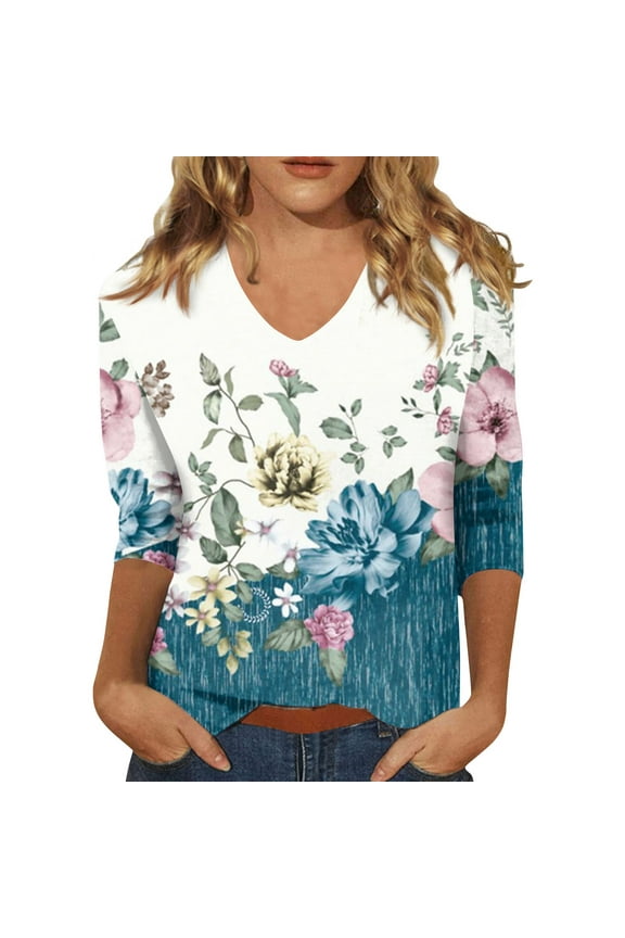 Womens 3/4 Sleeve T Shirts Plus Size Floral Casual Shirts for Women Elbow V Neck Summer Tops 3/4 Length Sleeve Blouses for Women Dressy Cyan 3XL