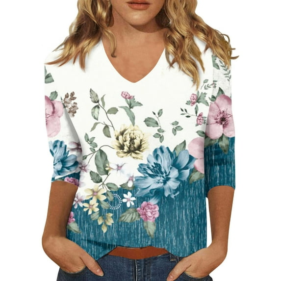 Qwertyu Womens 3/4 Sleeve T Shirts Plus Size Floral Casual Shirts for Women Elbow V Neck Summer Tops 3/4 Length Sleeve Blouses for Women Dressy Cyan 3XL