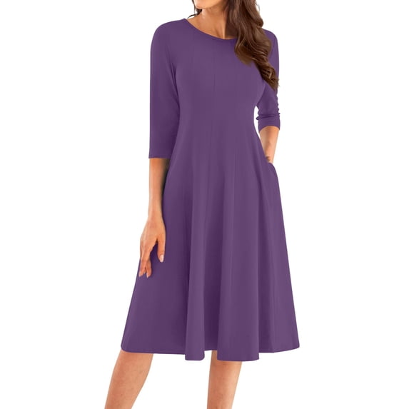 Qwertyu 3/4 Sleeve Fall Dresses for Women 2024 Fashion Crewneck Flowy A Line Dresses Trendy Casual Midi Dress Purple 2XL