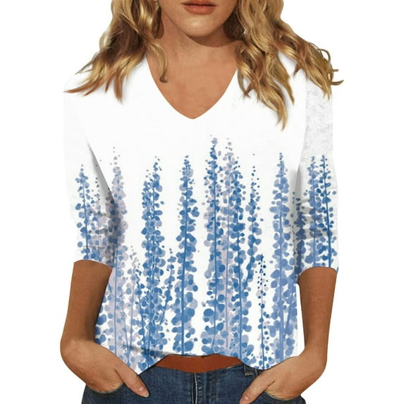 Qwertyu 3/4 Length Sleeve Tops Plus Size Half Sleeve V Neck T Shirt for Women Floral Elbow Womens Shirts Ladies Tops and Blouses Clearance Sky Blue 3XL