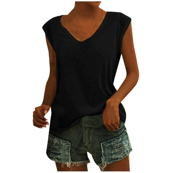 Qwertyu Tank Top for Women Solid Color V Neck Sleeveless Causal Sexy Shirts Hawaiian Beach Holiday Sports Workout Running Tees Summer Basic Tops Black M