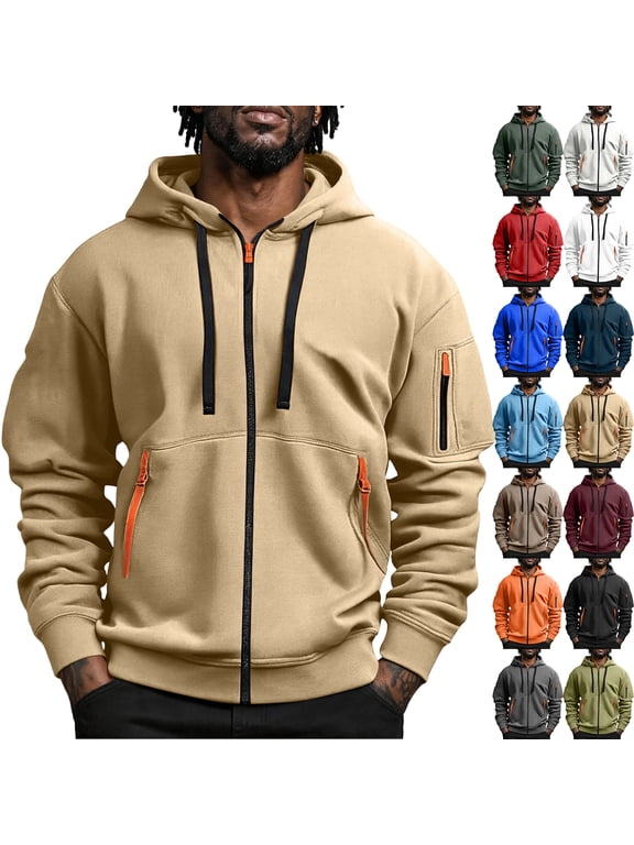Big and Tall Hoodies for Men Full Zip up Tactical Hoodie Pullover Fall Winter Fashion Hooded Sweatshirt Multi Pockets Camel M