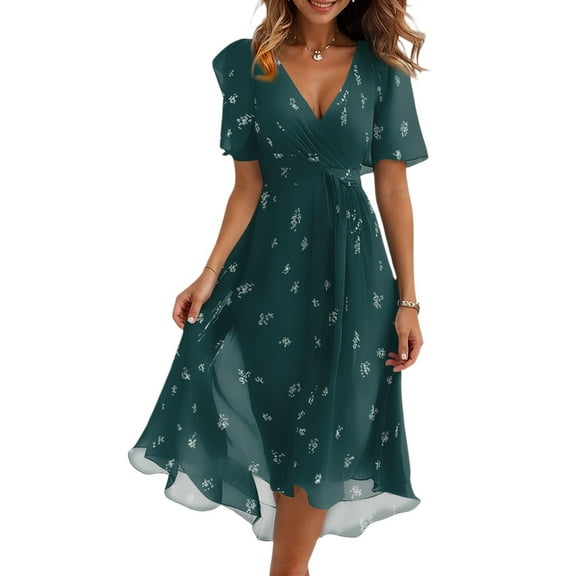 Qwertyu Boho Dresses for Women 2025 Floral Printed Chiffon Dresses Elegant V Neck Belted Summer Wedding Prom Cocktail Midi Dresses for Women Dark Green 2XL