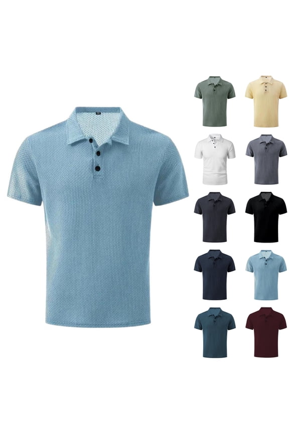 Breeze Polo Shirts for Men Collared Short Sleeve Shirts 2026 Summer Casual Button Down T Shirts Mesh Ice Silk Breathable Quick Dry Textured Shirt Navy 3XL