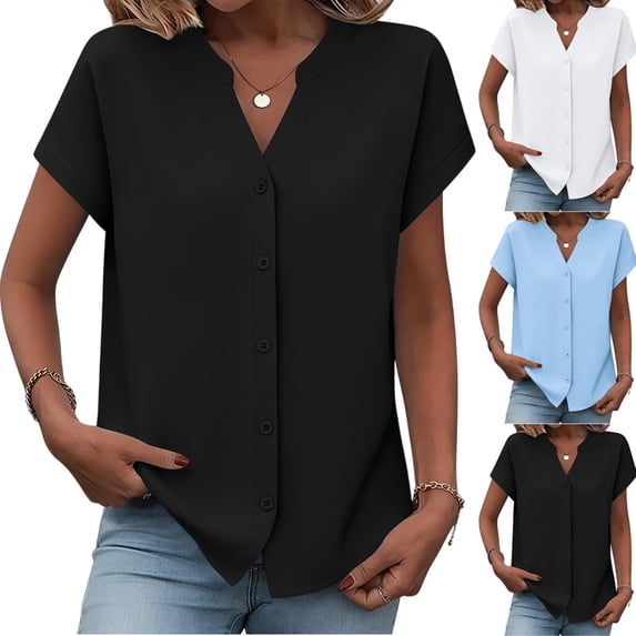 Qwertyu Button Down Shirts for Women Cotton Linen Short Sleeve Tops Business Casual Loose V Neck Blouses Blue 2XL