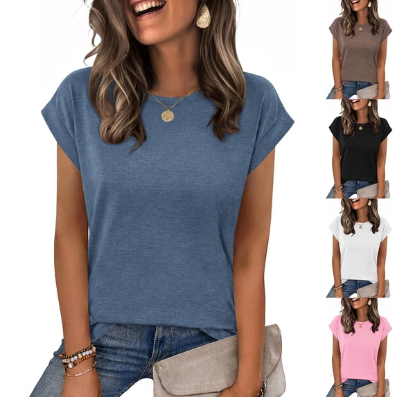 Qwertyu Cap Sleeve Tops for Women Summer Top Basic Tee Shirts Casual Loose Fit 2026 Fashion Shirts Blue XL