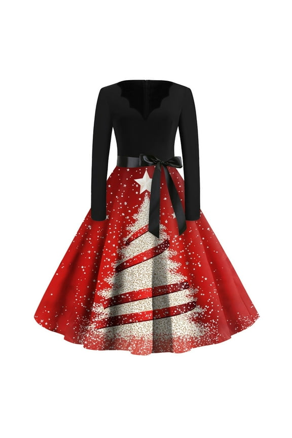 Christmas Dress Womens Christmas Tree Print 1950s Hepburn Dresses Long Sleeve Lace Christmas Cocktail Dress Pink 5XL