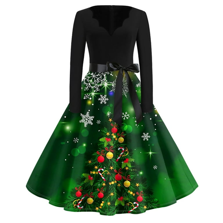 Qwertyu Christmas Dresses for Women Plus Size Christmas Print Printed 1950s Swing Dress Long Sleeve Fall Vintage Xmas Knee Length Dress Green 5XL Walmart