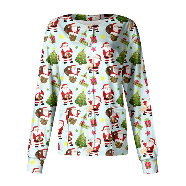 Qwertyu Christmas Scrub Jacket for Women Plus Size Christmas Print Button Long Sleeve Hoilday Workwear with Pocket Mint Green 2XL