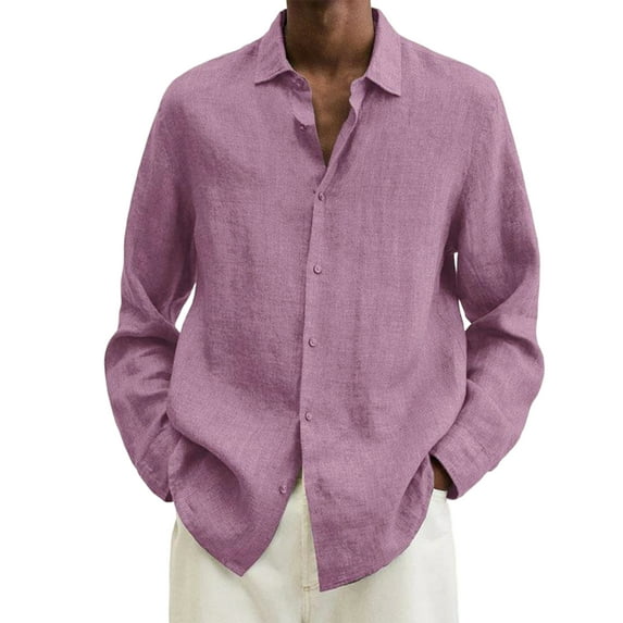 Qwertyu Cotton Linen Shirts for Men Long Sleeve Button Down Shirts Summer Beach Shirts Loose Fit Casual Shirts Vacation Tops Pink L