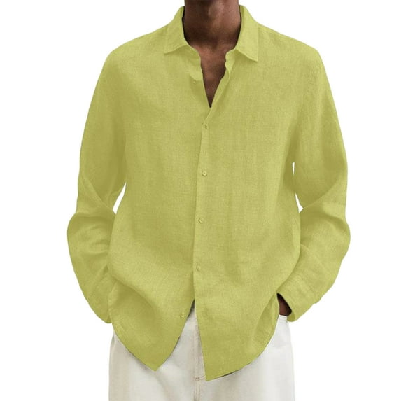 Qwertyu Cotton Linen Shirts for Men Long Sleeve Button Down Shirts Summer Beach Shirts Loose Fit Casual Shirts Vacation Tops Yellow L
