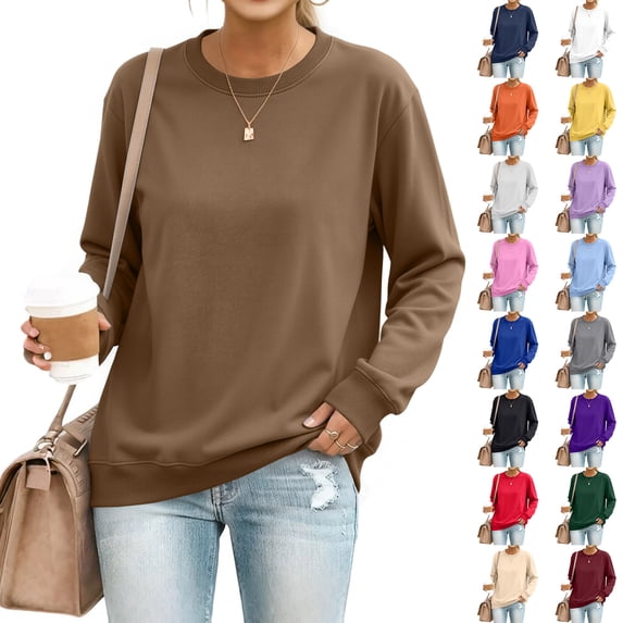 Qwertyu Crew Neck Sweatshirt Women Oversized Casual Lightweight Long Sleeve Pullover Tops Fall Fashion Clothes Khaki S