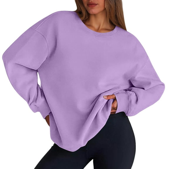 Qwertyu Crew Neck Sweatshirts Women Long Sleeves Casual Shirts Color Round Neck Sweatshirt Crewneck Pullover Tunic Tops Fall Winter Clothes Light Purple M