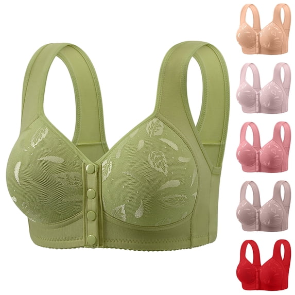 Qwertyu Daisy Bras for Older Women Front Closure Wireless Supportive Bras Full Coverage Push Up Bras Breathable Cotton Bras Red 50