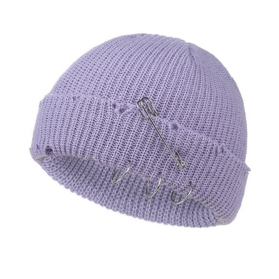 Qwertyu Distressed Ring Beanie Hat Unisex Fashion Hip-hop Slouchy Knitted Skull Caps Light Purple