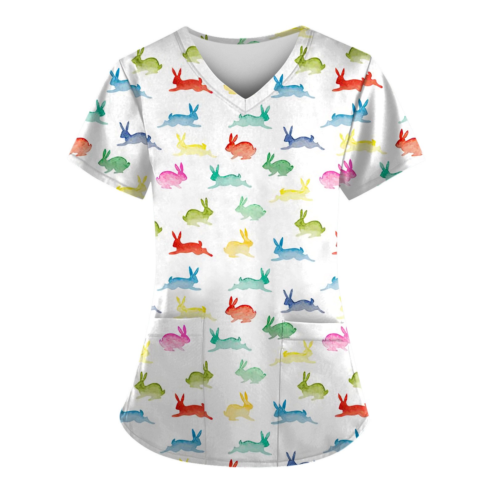 Qwertyu Easter Scrub Tops Womens Short Sleeve Easter Eggs Rabbit Bunny