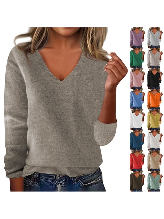 Fall Sweaters for Women Thin Lightweight V Neck Long Sleeve Plain Knitted Tops Soft Loose Basic Clothes Khaki L