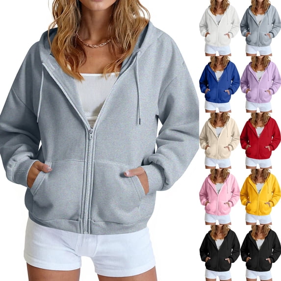 Qwertyu Full Zip Up Hoodie Women Long Sleeve Fall Oversized Sweatshirts Fleece Jacket with Pockets Purple S