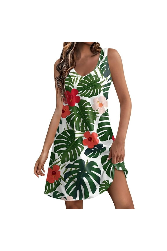 Hawaiian Dresses for Women Sleeveless Palm Tree Tropical Print Summer Beach Sundress Crew Neck Loose Fit Casual Vacation Tank Dress Red L
