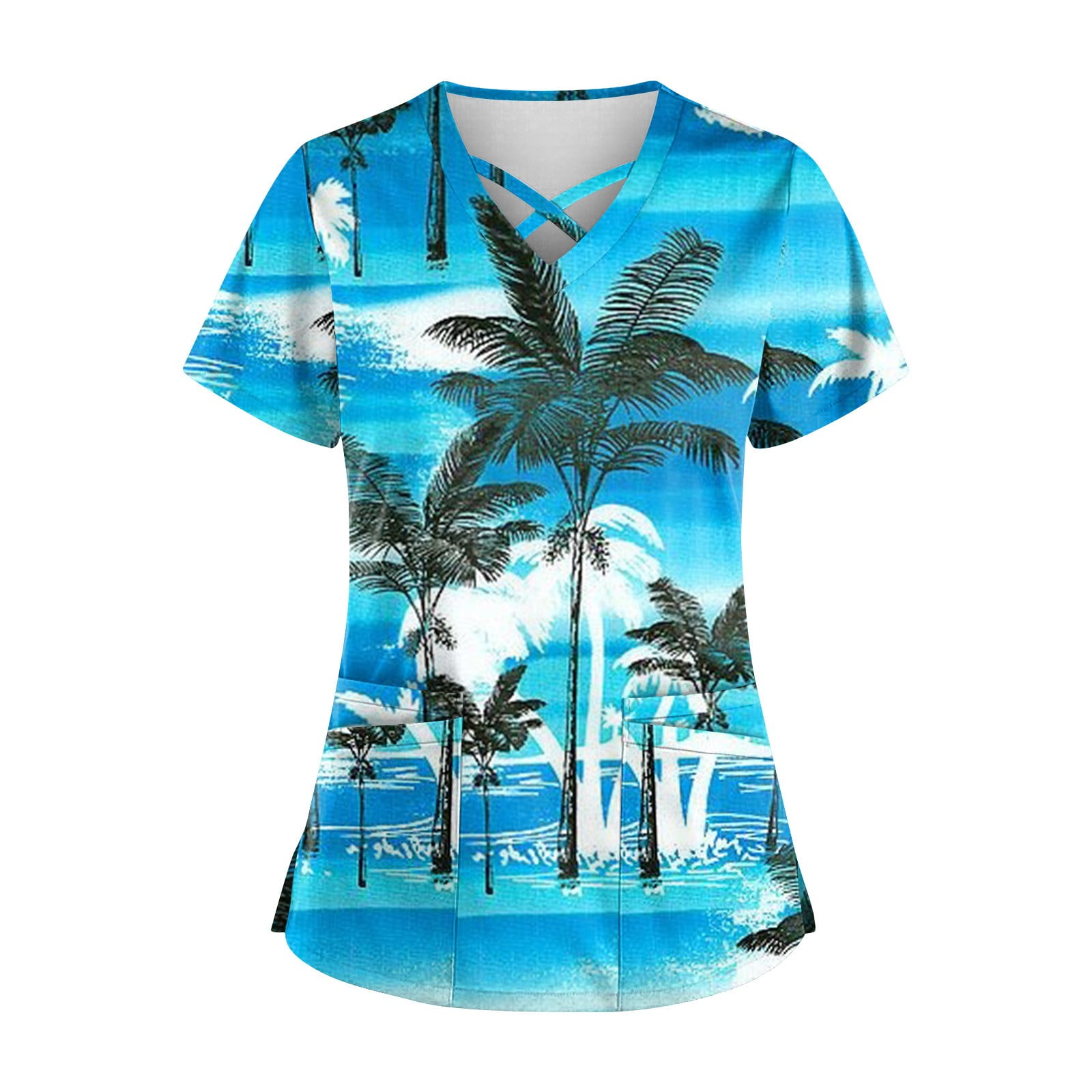 Qwertyu Hawaiian Scrub Tops Women Short Sleeve Print Beach Scrubs