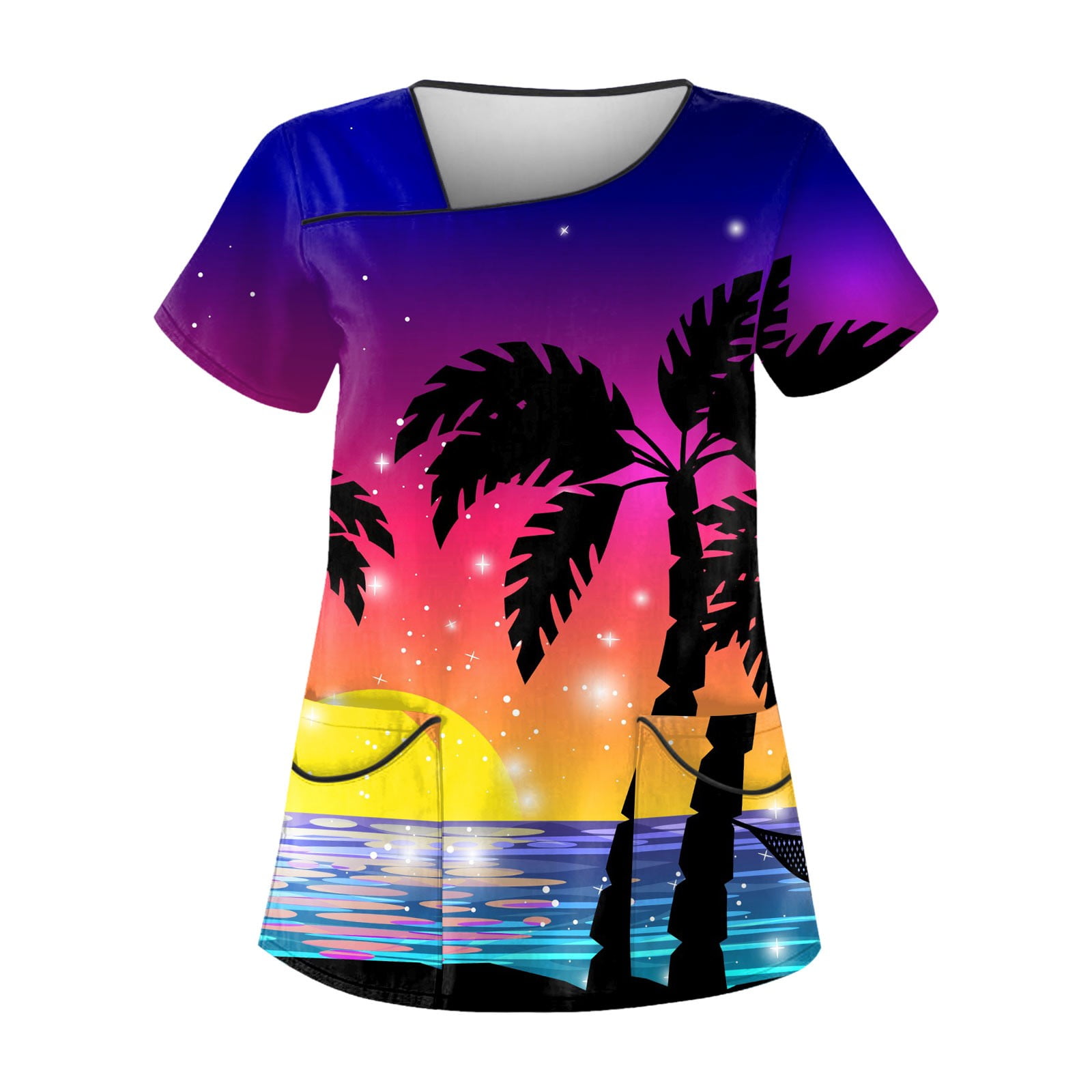 Qwertyu Hawaiian Scrub Tops Women Short Sleeve Print Beach Scrubs