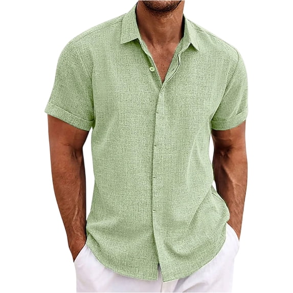 Qwertyu Hawaiian Shirt for Men Summer Cotton Linen Solid Casual Mens Short Sleeve Button Down Shirts Light Green M