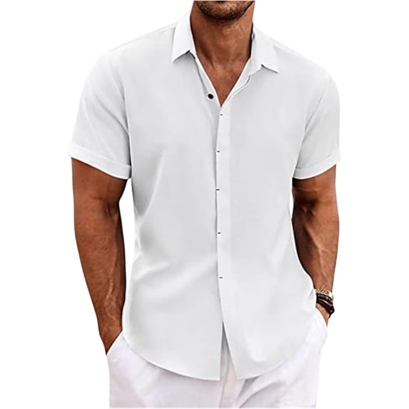 Qwertyu Hawaiian Shirt for Men Summer Cotton Linen Solid Casual Mens Short Sleeve Button Down Shirts White 3XL
