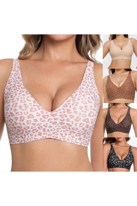 Jelly Bras for Women Seamless Deep V Push-Up Wireless Bra Leopard Print Supportive Womens Bralettes White Small