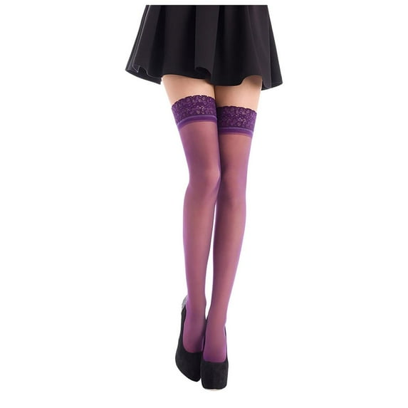 Qwertyu Lace Top Thigh High Tights for Women Sexy Lingerie Silk Pantyhose Black Reflections Stockings 20D Purple
