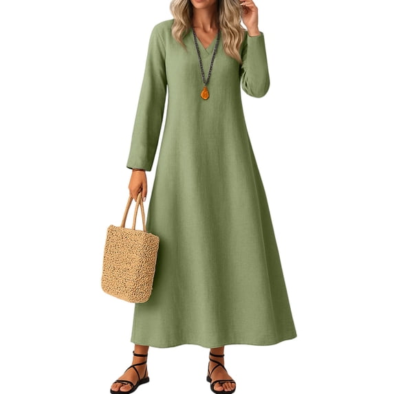 Qwertyu Linen Dress for Women V Neck Long Sleeve Boho Maxi Dress Casual Fall Solid Long Sundress Vacation Outfits Army Green 2XL