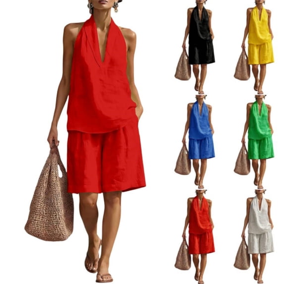 Qwertyu Linen Sets for Women 2 Piece Summer Outfits V Neck Halter Sleeveless Tops and Wide Leg Bermuda Shorts Cotton Linen Casual Two Piece Sets Blue XL