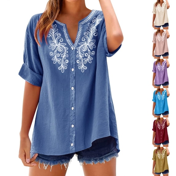 Qwertyu Linen Shirts for Women Spring Summer Casual Short Sleeve Embroidered Boho Tops Loose Fit Button Down Blouses Trendy Dressy V Neck Work Shirts Sky Blue S